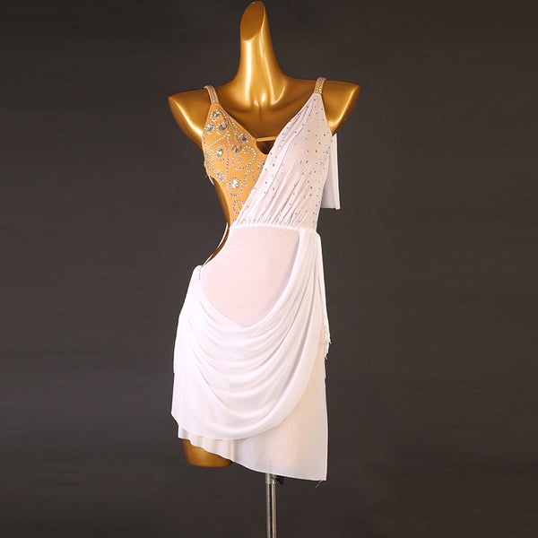 White draped mesh latin dance dress with stone covered shoulder strap