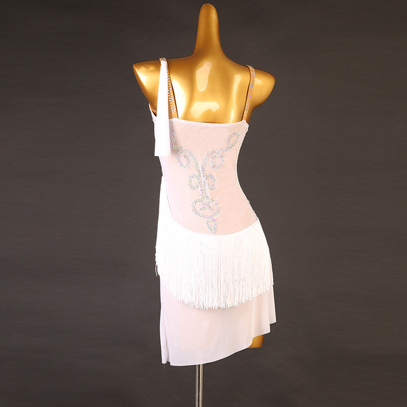 White draped mesh latin dance dress rear view showing the open back