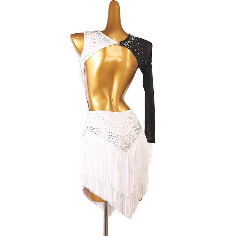 Black and white latin dance dress rear view showing the bare back