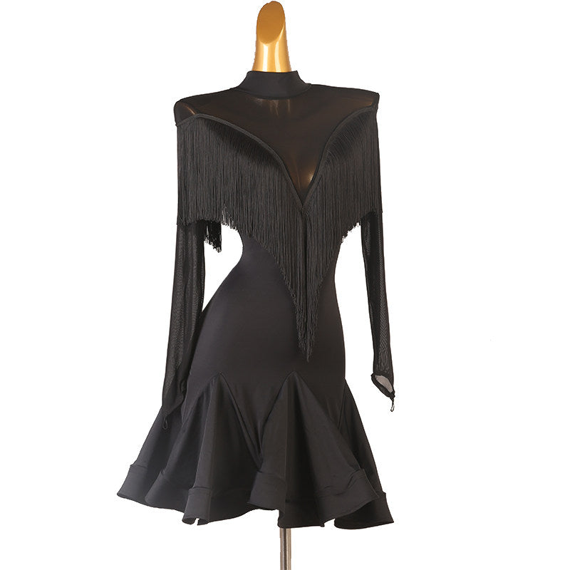 Black fringe cape latin dance dress angled view with the fluted hem