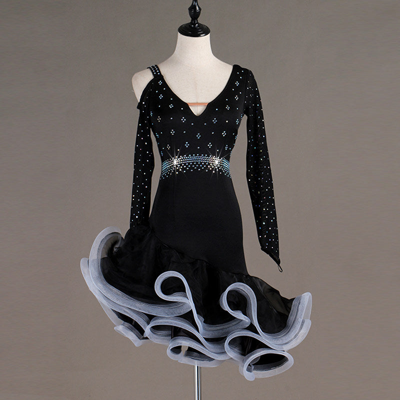 Black latin dance dress with crystal waist band and white edged organza ruffle