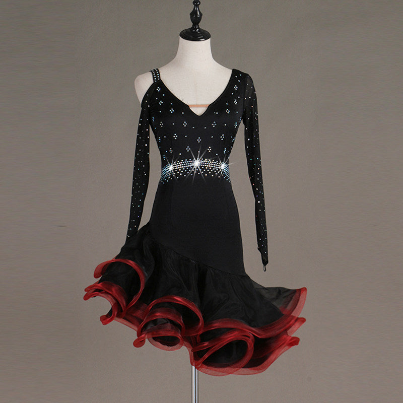 Black crystal waist latin dance dress with red edged organza ruffle skirt