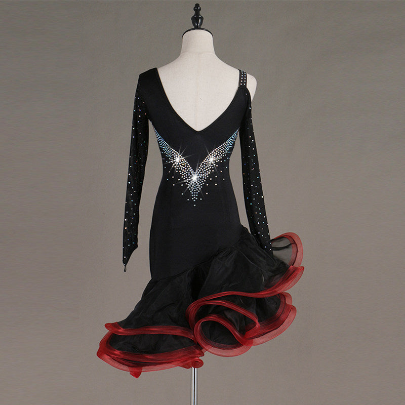 Black crystal waist latin dance dress rear view showing the low V back