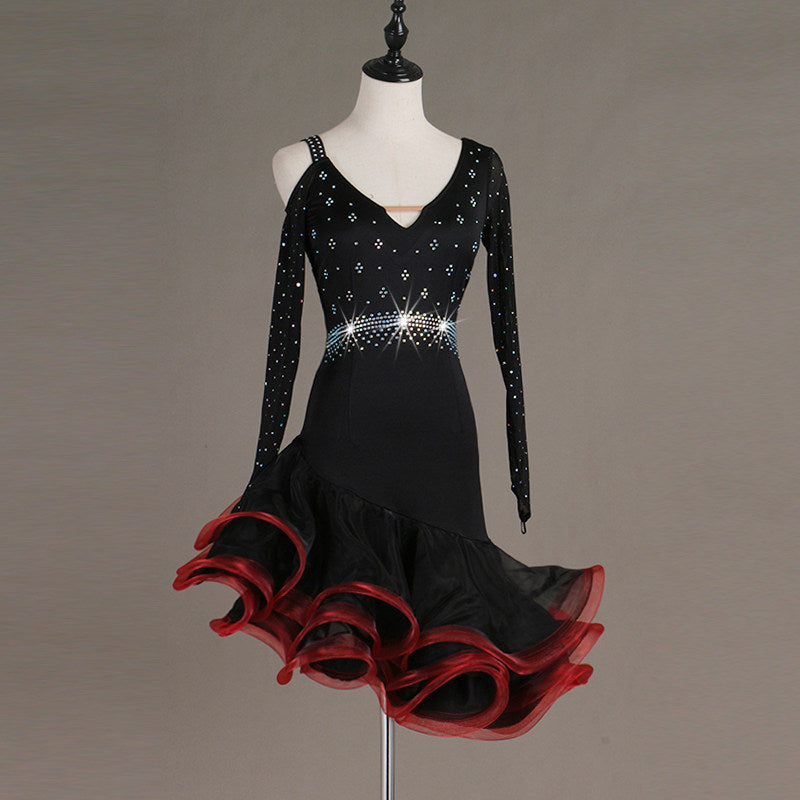 Black crystal waist latin dance dress angled view with the red ruffle layers