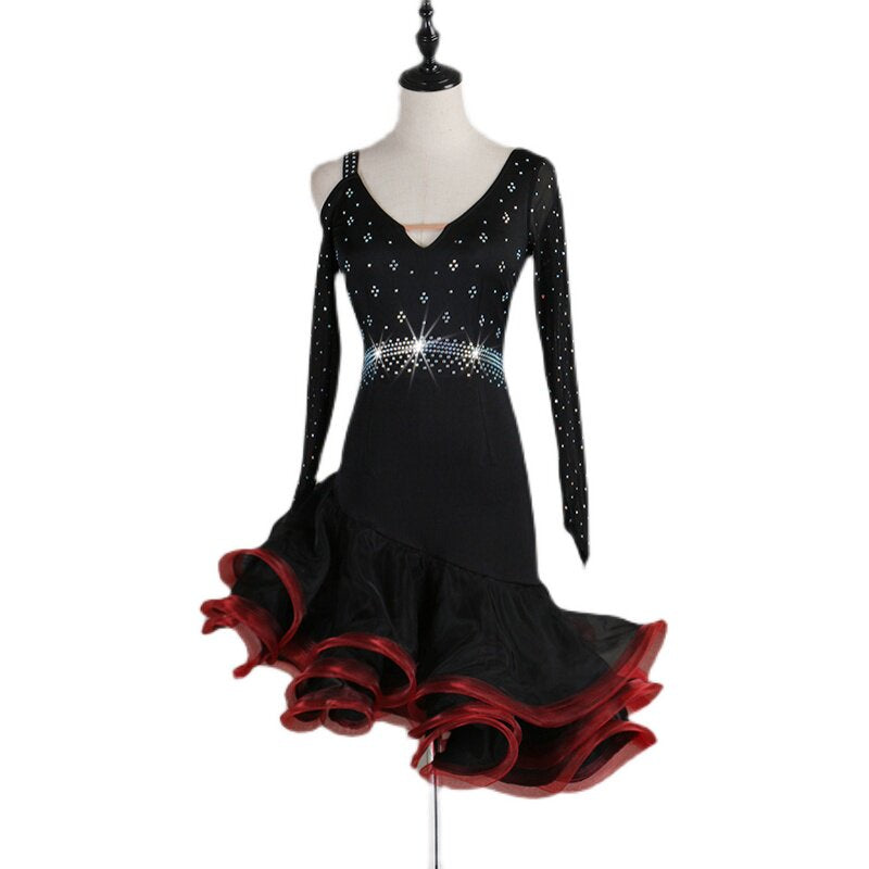 Black crystal waist latin dance dress front view showing the stone scatter