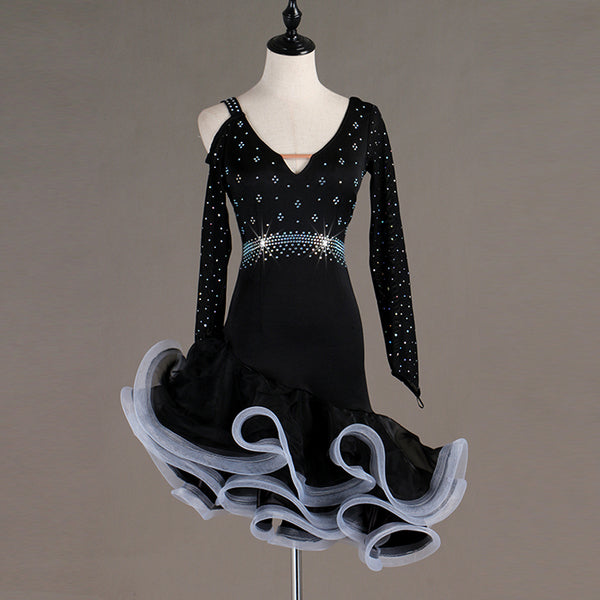 Black crystal waist latin dance dress side view with the white ruffle edge