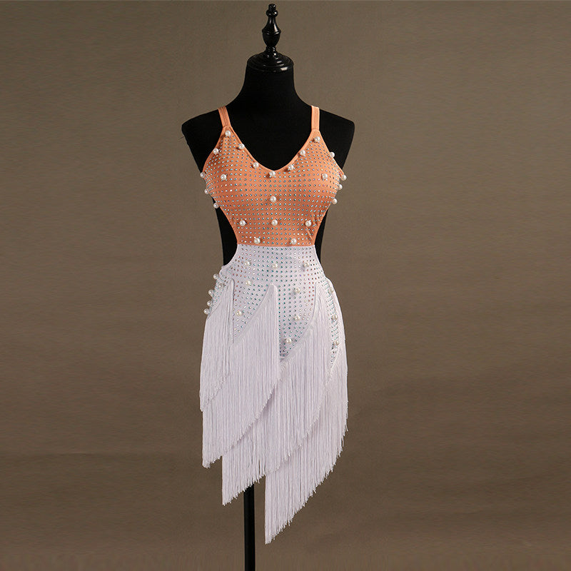 White latin dance dress with nude stone yoke and petal cut fringe hem