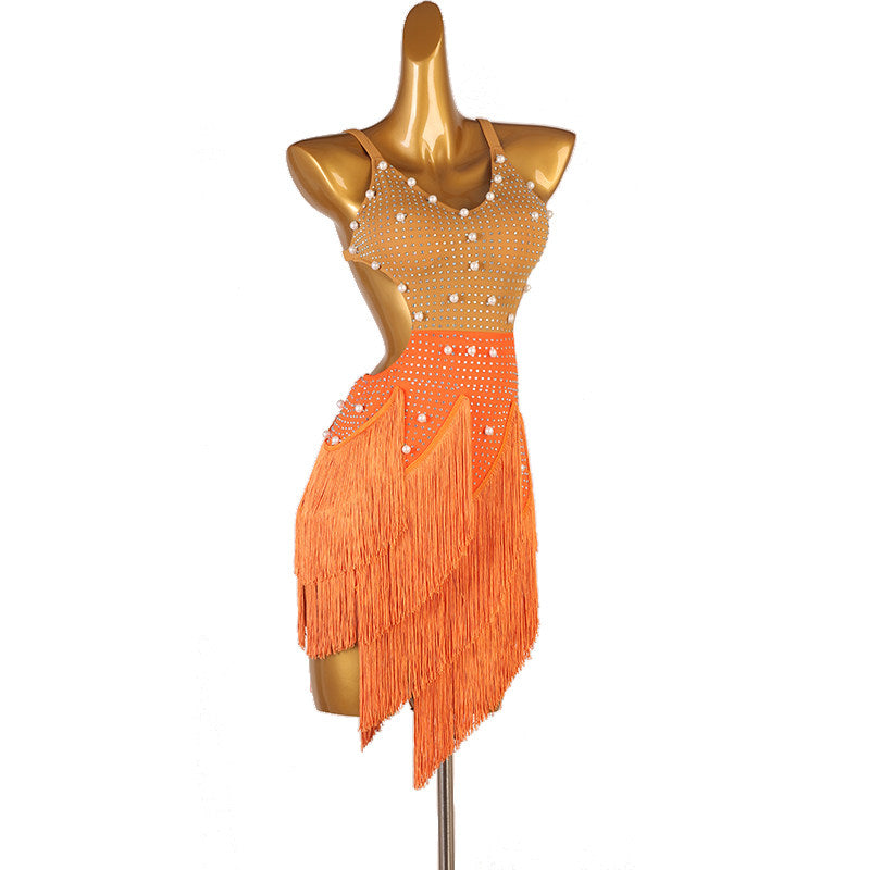 Orange petal fringe latin dance dress front view showing the wrap hem