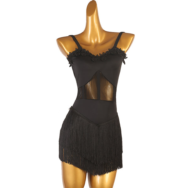 Black latin dance dress with lace trimmed neckline and mesh waist panel