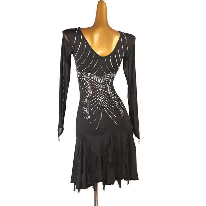 Black crystal motif latin dance dress side view showing the mesh sleeve