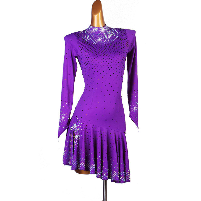 Purple latin dance dress with stones scattered over the body and petal hem