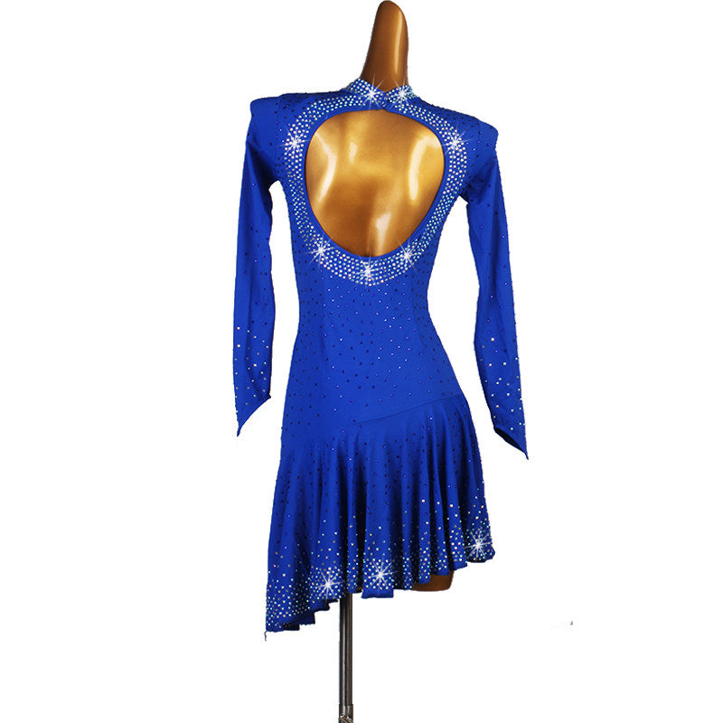 Blue stone scatter latin dance dress rear view with the round keyhole