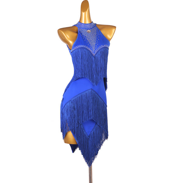 Blue latin dance dress with stone covered yoke and layered fringe panels