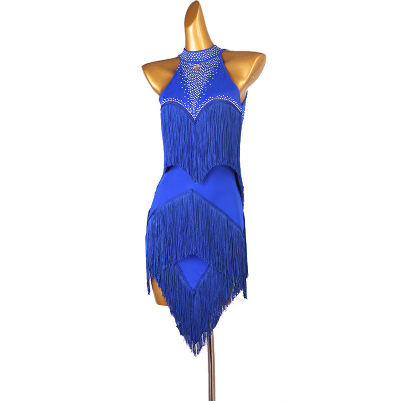 Blue fringe latin dance dress front view showing the chest fringe panel