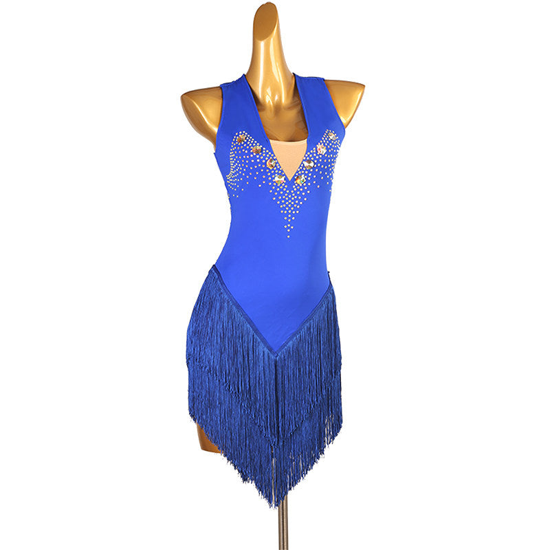 Blue ladder back latin dance dress front view showing the fringe hem