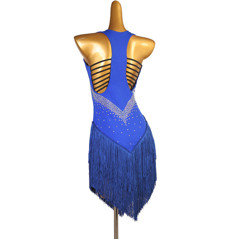 Blue ladder back latin dance dress angled view with the stone panel