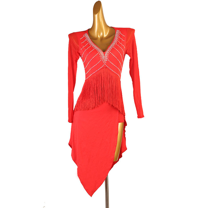 Red latin dance dress with stacked stone chevrons and pointed fringe hem