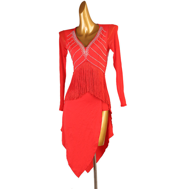 Red chevron stone latin dance dress front view showing the long sleeves