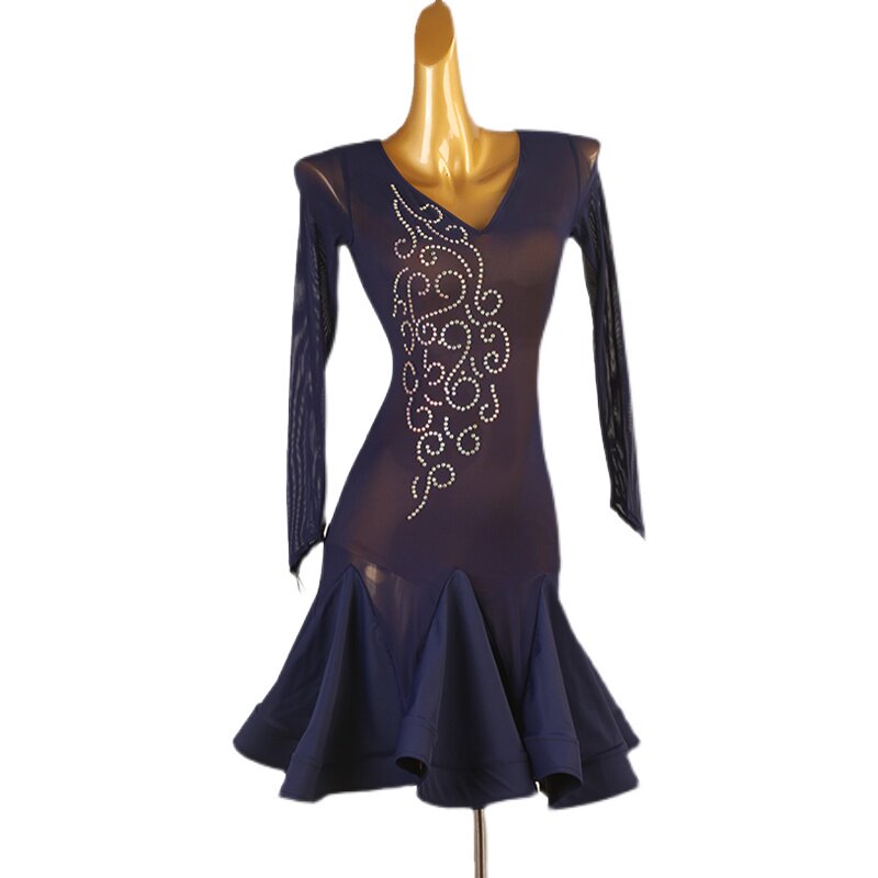 Navy stone scroll latin dance dress front view with the fluted hem