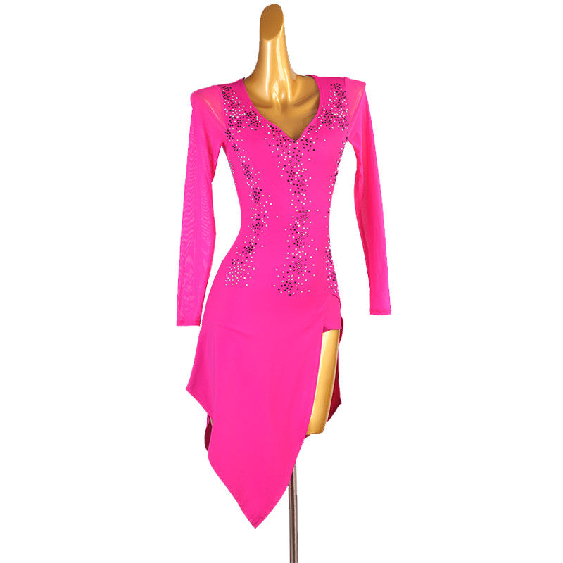 Rose pink latin dance dress front view showing the long mesh sleeves