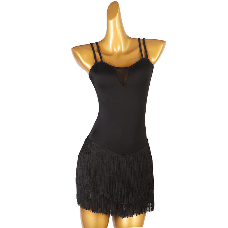 Black latin dance dress with double shoulder straps and plain fringe hem