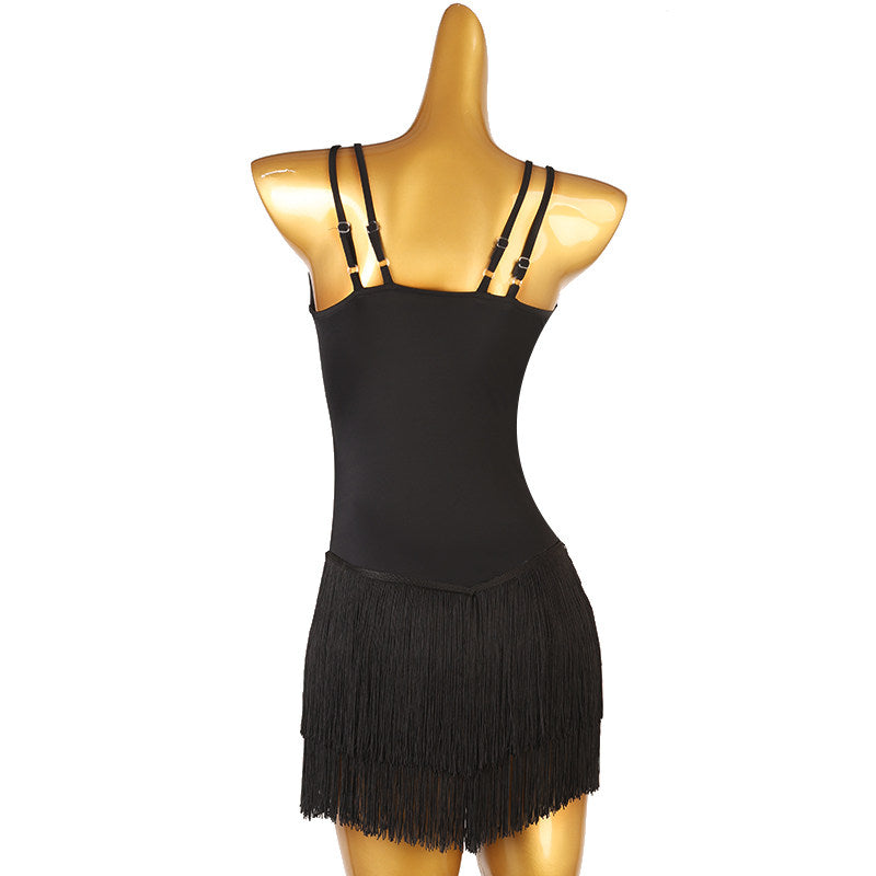 Black double strap latin dance dress rear view showing the low back