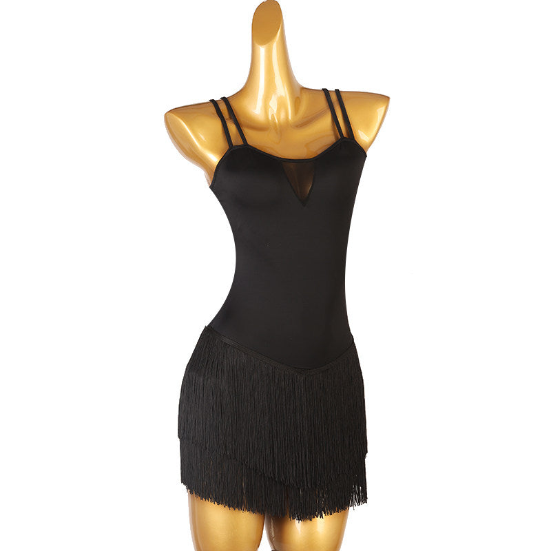Black double strap latin dance dress angled view with the fringe band