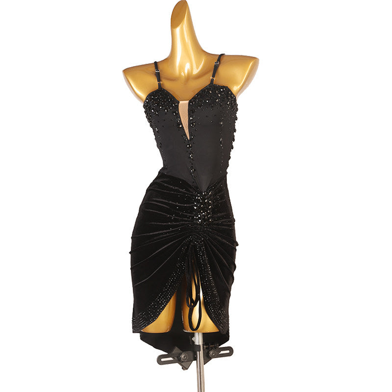 Black ruched wrap latin dance dress angled view with the gathered hip
