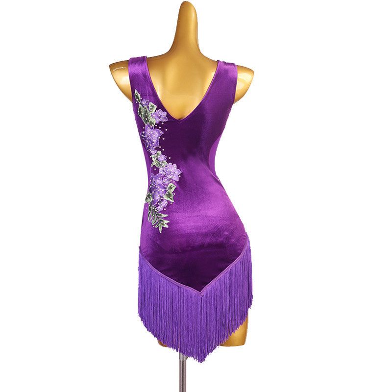 Purple velvet bloom latin dance dress angled view showing the vine