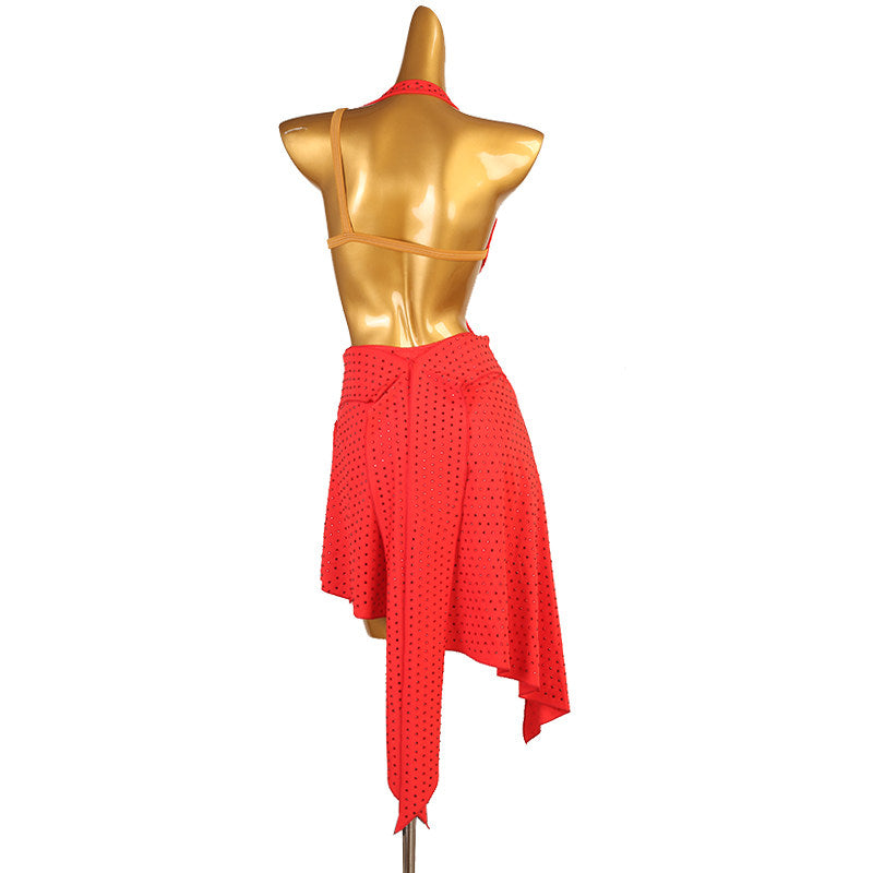Red bloom latin dance dress rear view showing the bare back