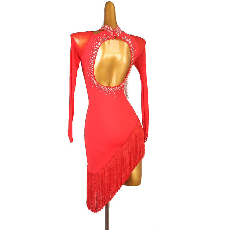 Red bead fringe bib latin dance dress rear view showing the teardrop back