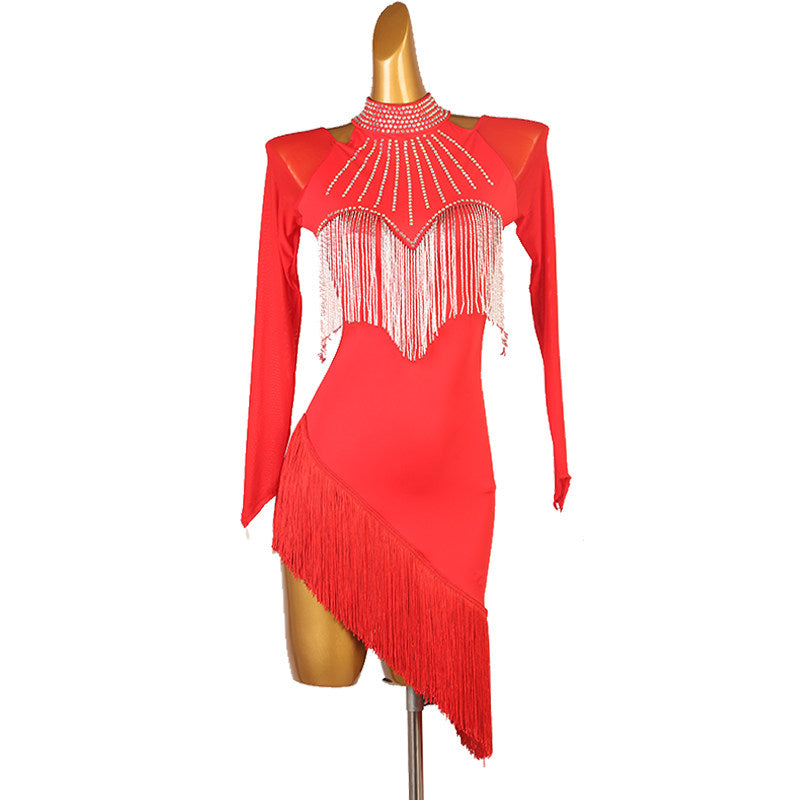 Red bead fringe bib latin dance dress front view with the bib spread