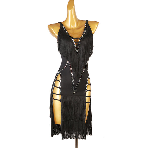 Black stone wing latin dance dress side view with the fringe overlapping