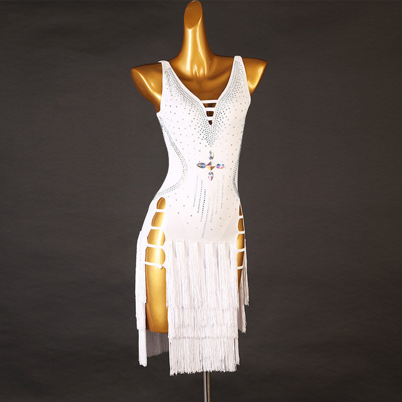 White latin dance dress with stone centre panel and tiered fringe skirt