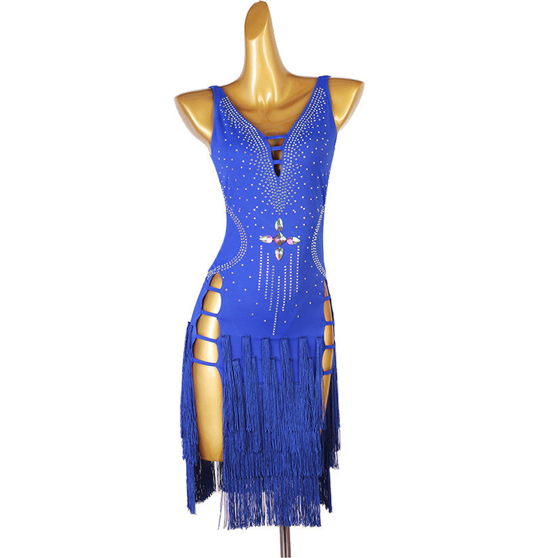 Blue latin dance dress with strap ladder hip cutouts and fringe tiers