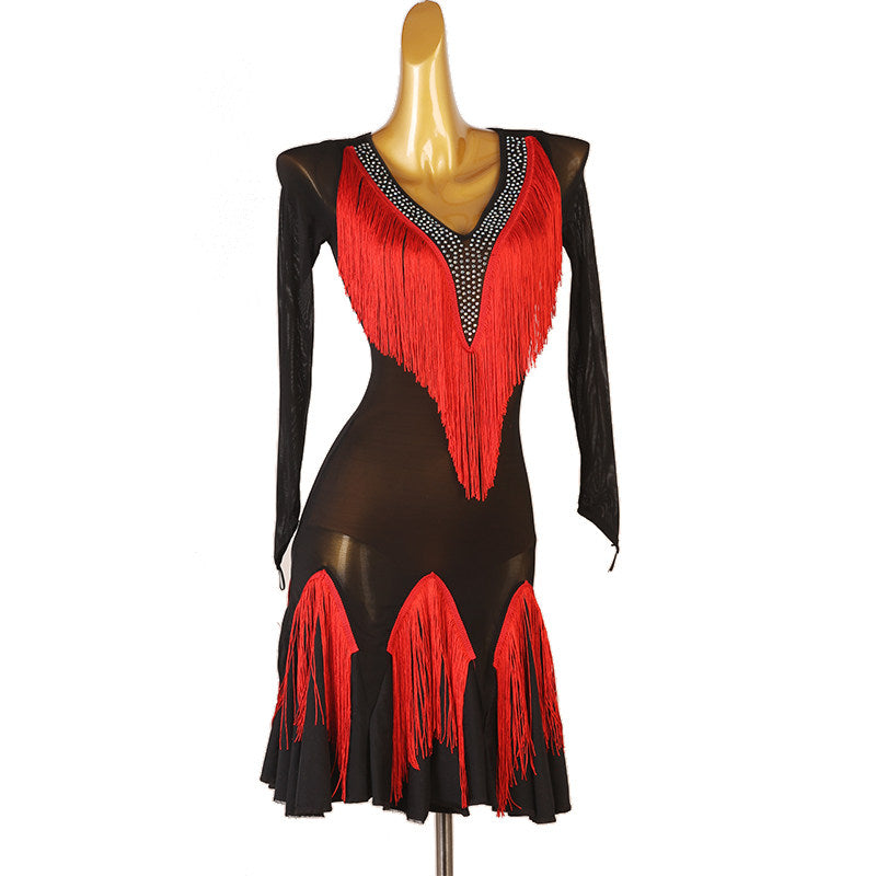 Red fringe panel latin dance dress angled view with the hem tabs