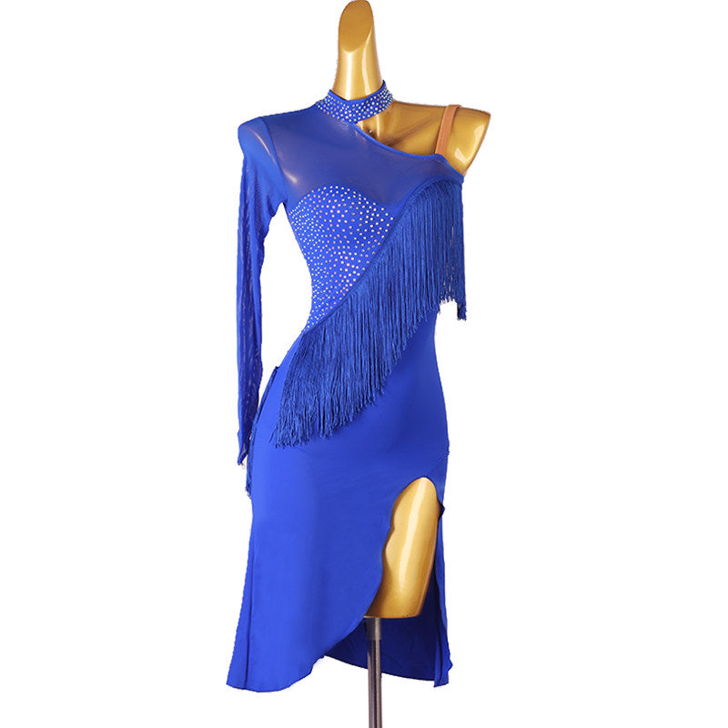 Blue latin dance dress with stone set diagonal sash and fringe falling