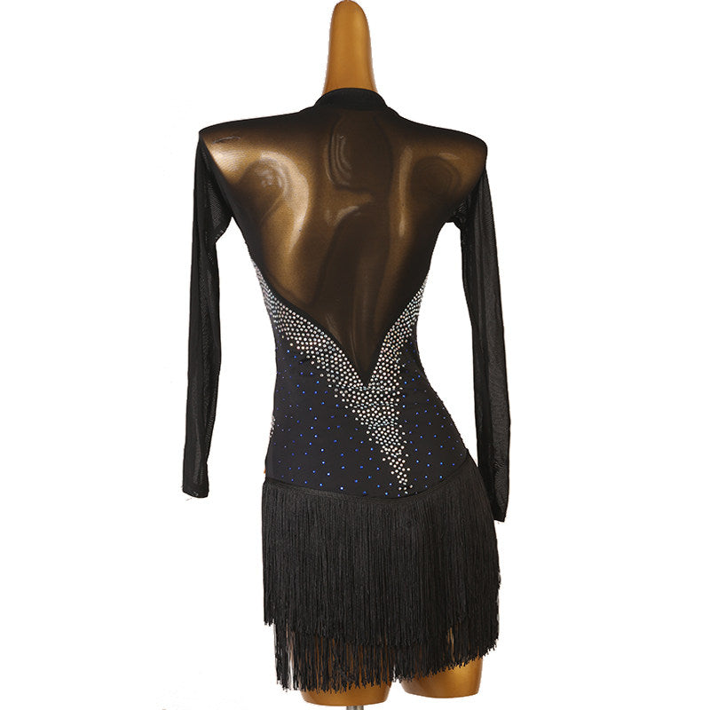 Black stone corset latin dance dress showing the deep open back curve