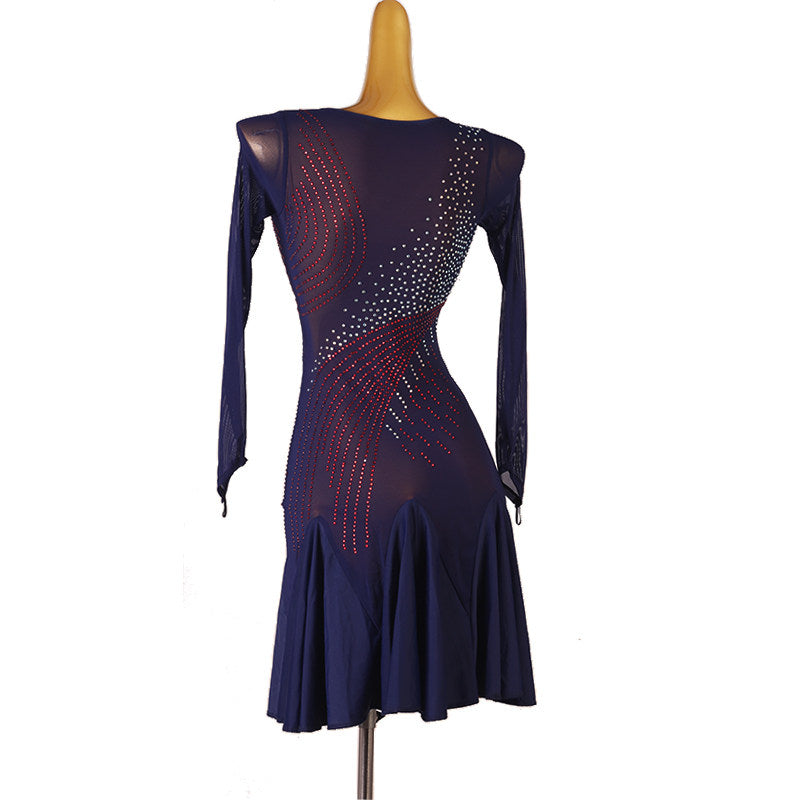 Purple sheer stone swirl latin dance dress side view showing the sleeve