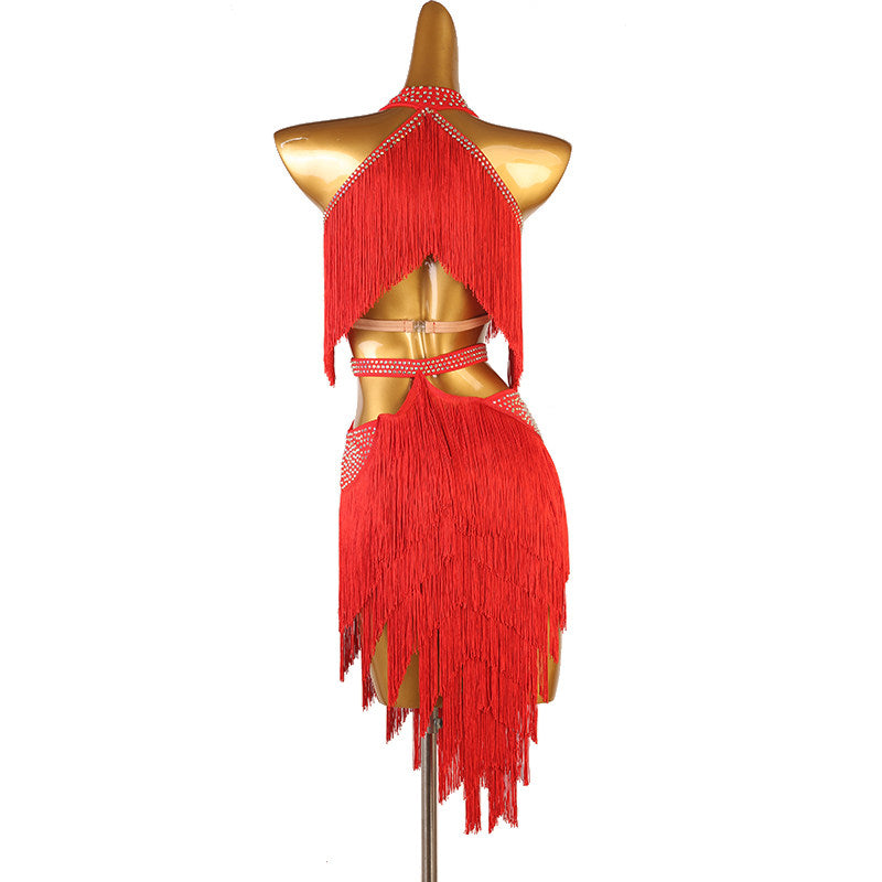 Red stone collar fringe latin dance dress rear view showing the cutaway waist