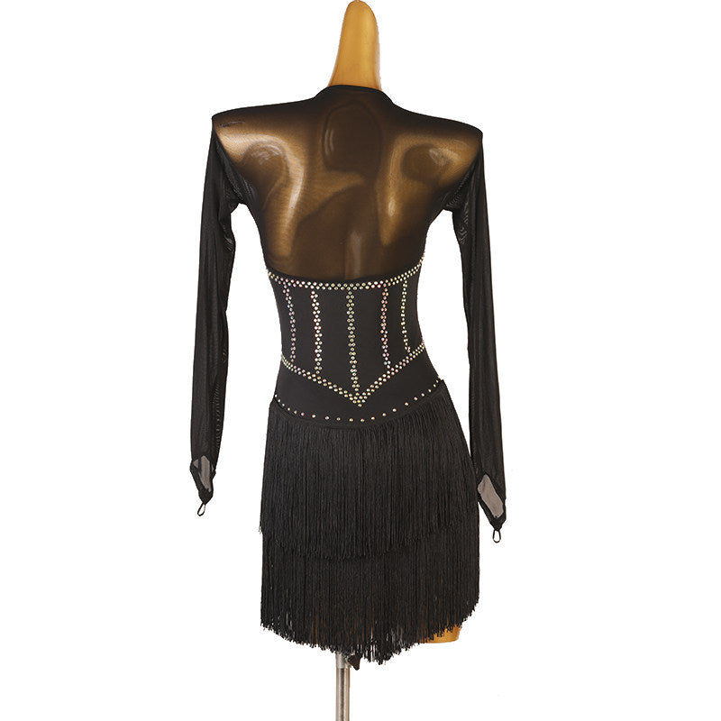 Black stone seam latin dance dress rear view showing the mesh back