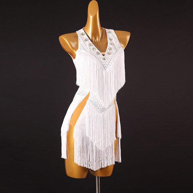White chevron fringe latin dance dress angled view showing the leg splits