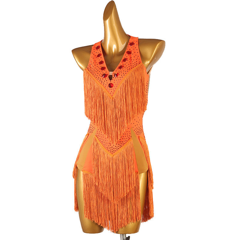 Orange latin dance dress with stone trimmed chevron fringe seams