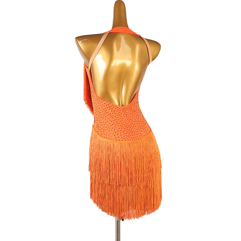 Orange chevron fringe latin dance dress rear view showing the open back