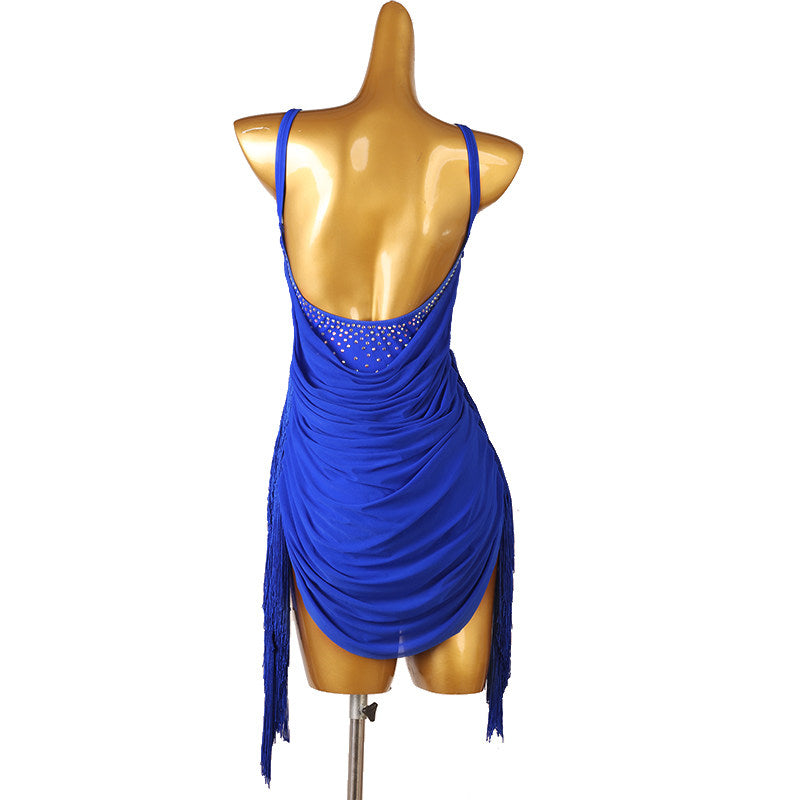 Blue latin dance dress with ruched drape body and stone neckline cluster