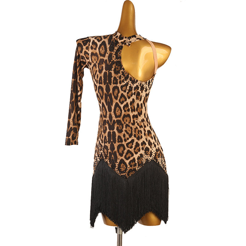 Leopard corset latin dance dress angled view showing the stone set edges