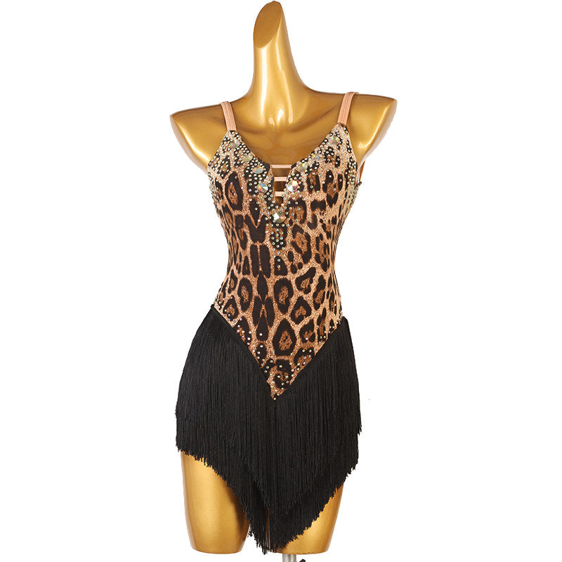 Leopard print latin dance dress with jewel strap ladder and black fringe skirt