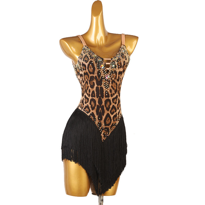 Leopard jewel latin dance dress angled view with the black fringe