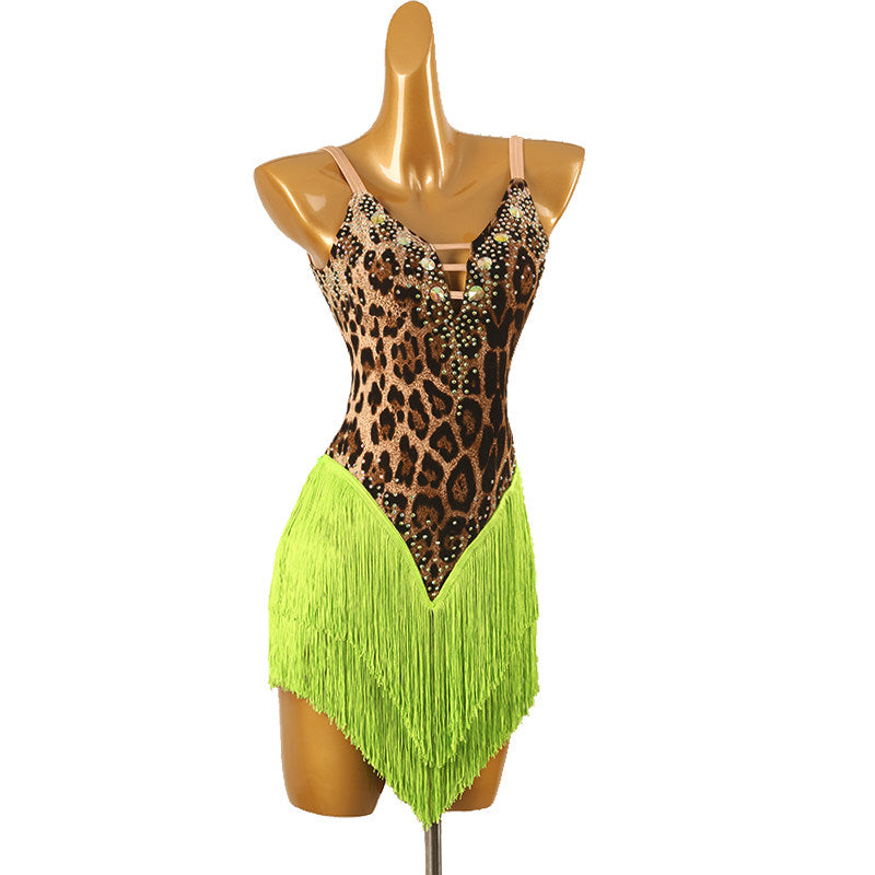Leopard print latin dance dress with neon green fringe skirt