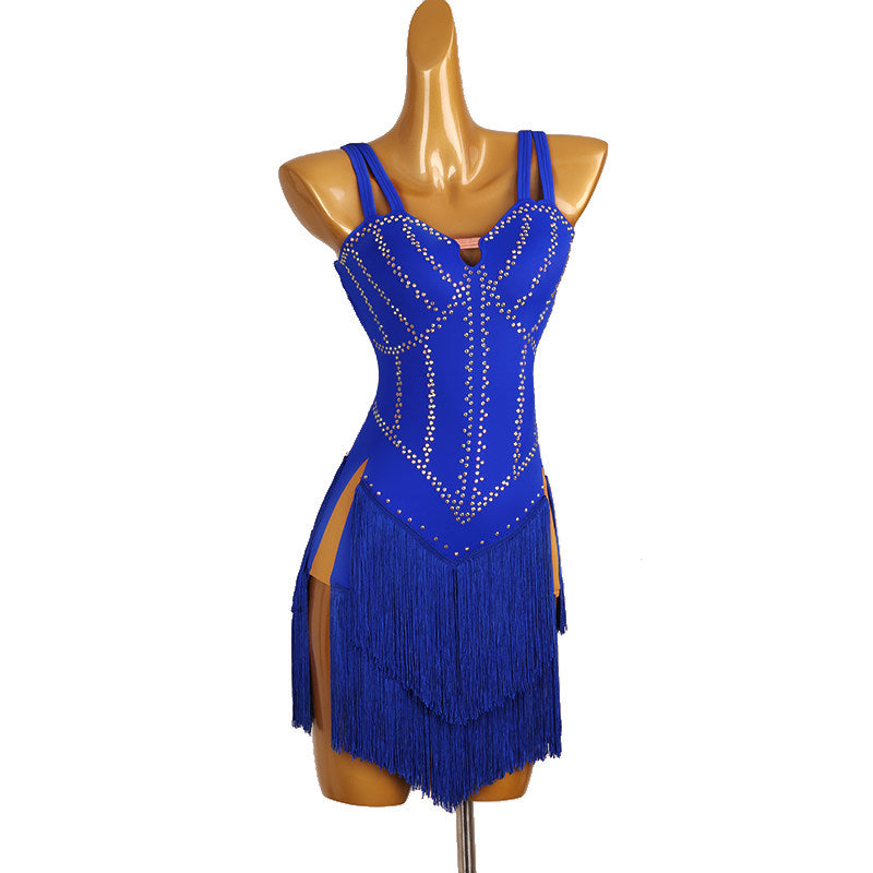 Blue latin dance dress with stone corset lines and split fringe skirt